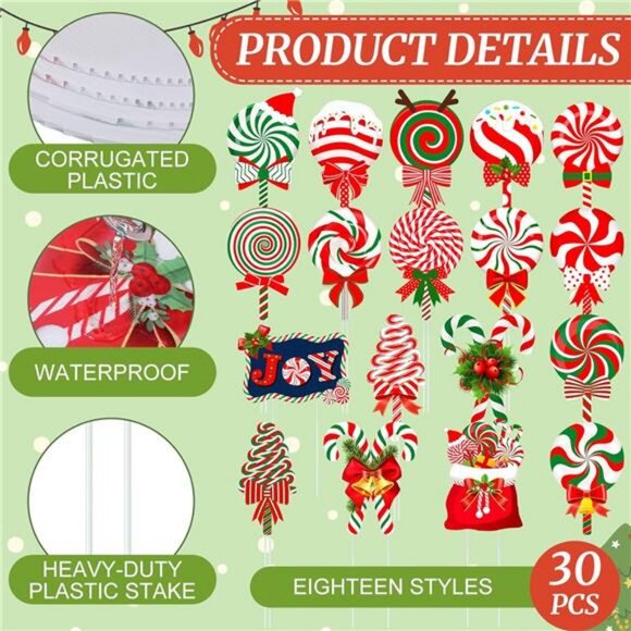 30 Pcs Christmas Candy Yard Signs with 60 Stakes 18 Shapes Colorful Candy Lawn - Picture 2 of 8